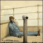Coloured sketch of a man sitting on the deck of the 'SS Garmoyle' smoking a pipe and with a pair of binoculars at his side, titled 