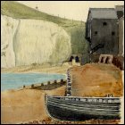 Coloured sketch of Shakespeare cliff with a boat in the foreground, titled 