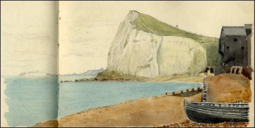 Coloured sketch of Shakespeare cliff with a boat in the foreground, titled 