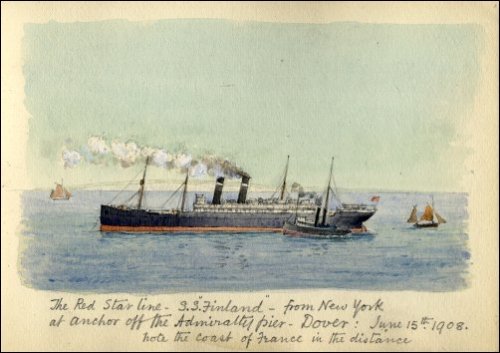 Coloured sketch of the 'SS Finland' at anchor, titled 