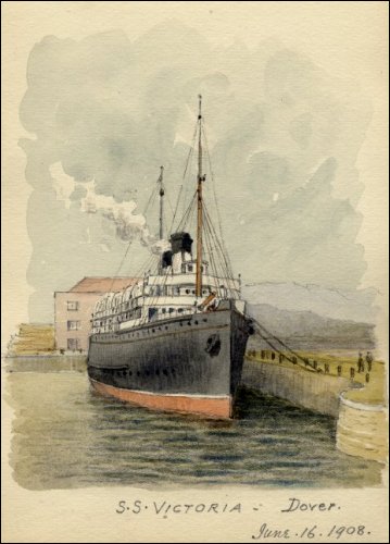 Coloured sketch of the 'SS Victoria' in Dover harbour, titled 