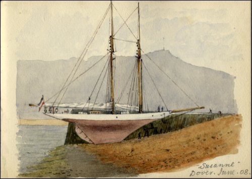 Coloured sketch of the yacht 'Susanne', titled 
