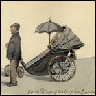 Coloured sketch of man leading a lady in an adult perambulator, titled 