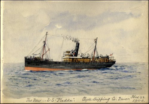 Coloured sketch of the 'SS Pladda', titled 