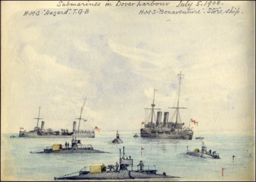 Coloured sketch of submarines and of the 'HMS Hazard' and 'HMS Bonaventure', titled 