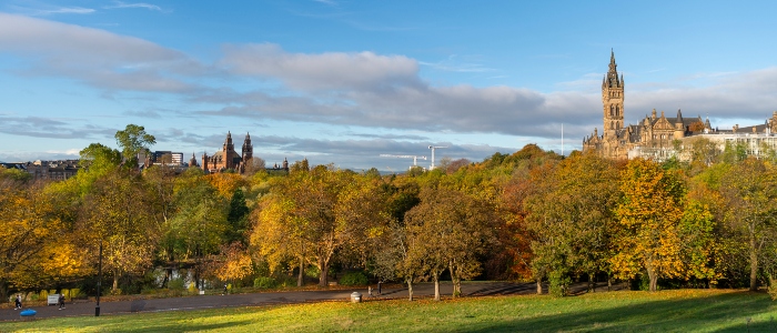 Gilbert Scott Building tower from the Kelvingrove Park