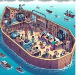AI generated cartoon of people making things in an ARK shaped boat