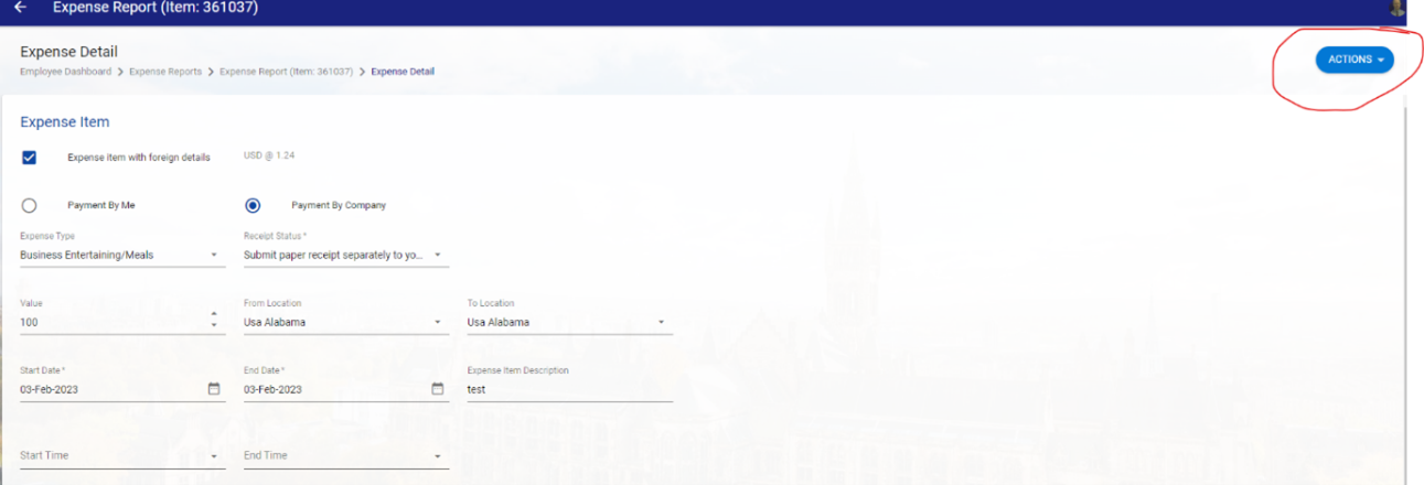 Portal screenshot of exchange rate