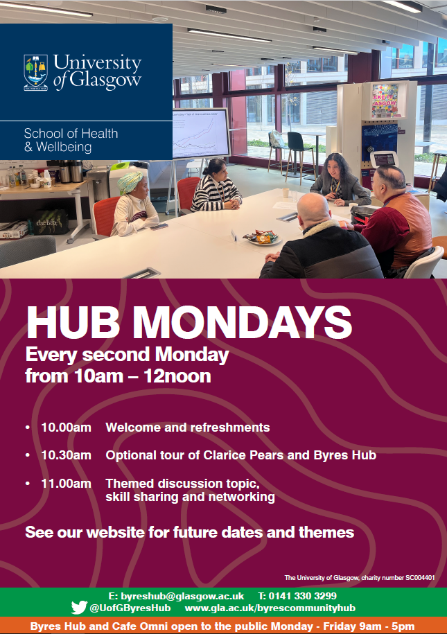 Ad for Hub Mondays describing timings and with a photo from a Hub Monday discussion