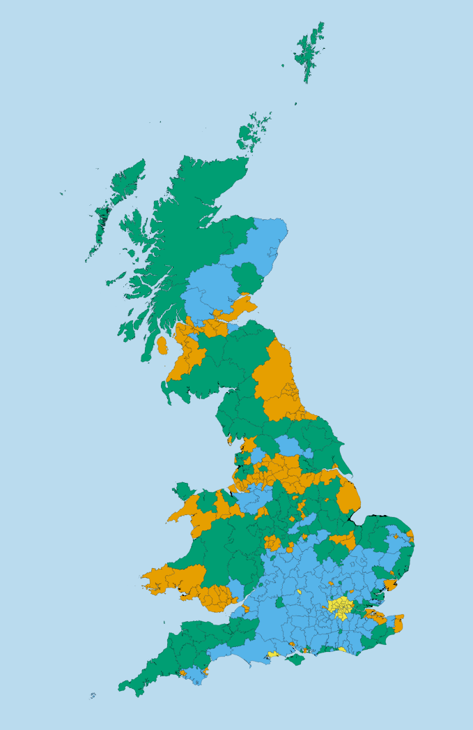 Inclusive Economies Cluster Map of Great Britain showing four coloured representation of local authorities with similar levels of indicators