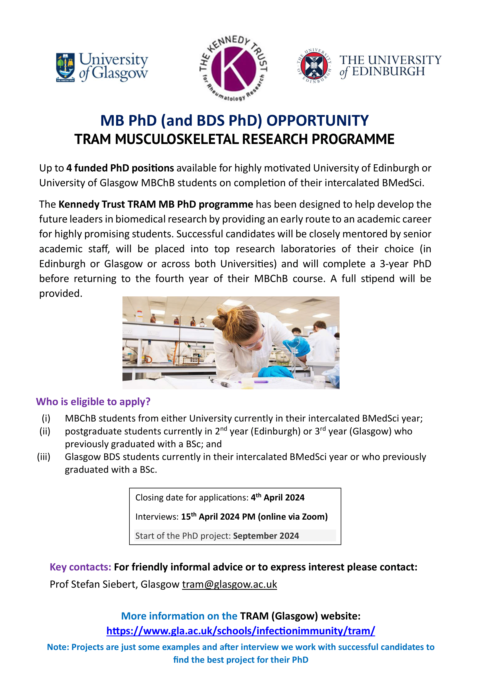 A flyer advertising the TRAM/TRACC MB PhD opportunity 2024