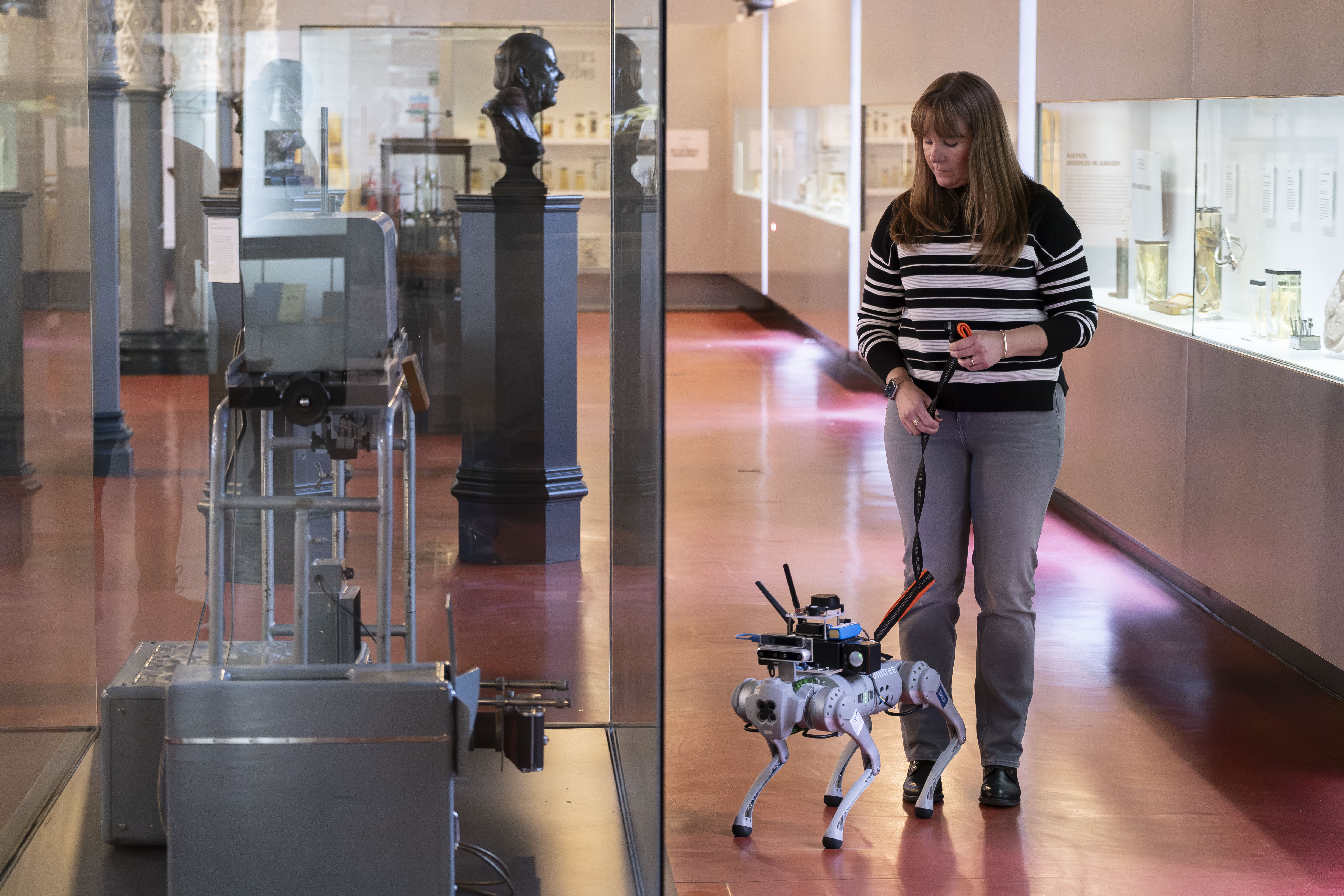 Female user testing the CSI group's 'robot dog' at the Hunterian Museum