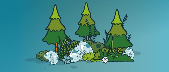 Cartoon image of three fossils in a forest. 