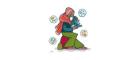 Cartoon image of a woman looking down a microscope surrounded by petri dishes with viruses and bacteria in them. 