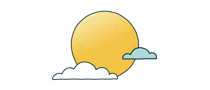 Cartoon image of the sun and clouds. 