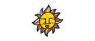Cartoon image of the sun with a human face. 
