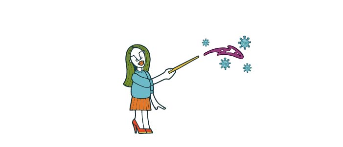 Cartoon image of a woman with a wand casting a spell. Alongside the spell are little viruses. 