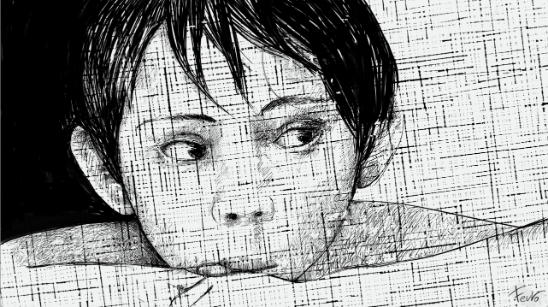 A young child leaning on a surface, looks to the left. Sketched style illustration.