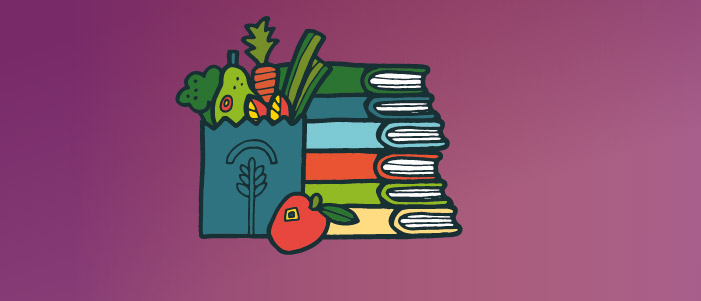 Cartoon image of a pile of books with a bag of fresh vegetables in front. 