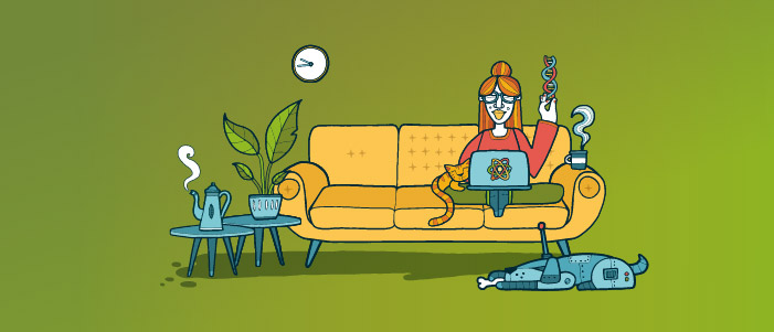 Cartoon image of a woman sitting on a sofa. She is joined by a cat and a robot dog. Alongside the sofa are other homewares such as house plants, mugs and a kettle.