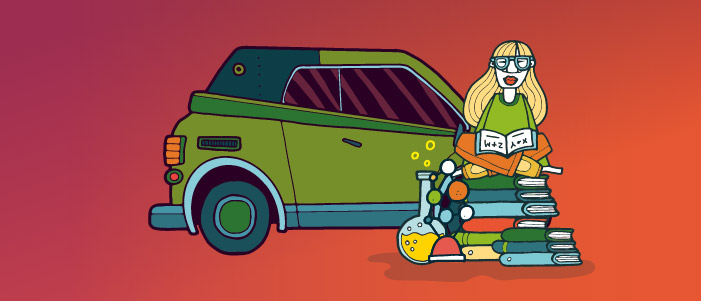 Cartoon image of a large green car, a girl is sitting on a pile of books in front of this reading a book.
