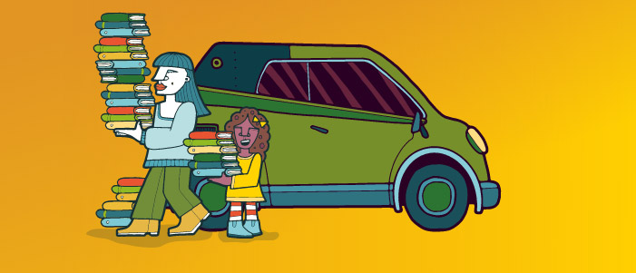 Cartoon image of a large green car, two people are in front of the car carrying piles of books. 