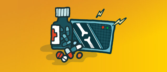 Cartoon image of an X Ray showing a bone and a bottle of pills.