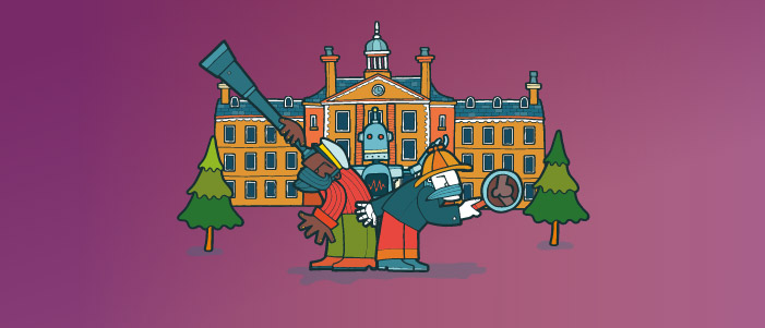 Cartoon country house with people holding telescopes, robots and magnifying glasses.