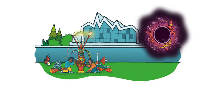 Cartoon image of the Riverside Museum. In front of the building is a black hole, and two engineers building a robot butterfly antenna. 