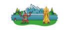 Cartoon image of the Riverside Museum. In front of the building is a robot and a rocket.