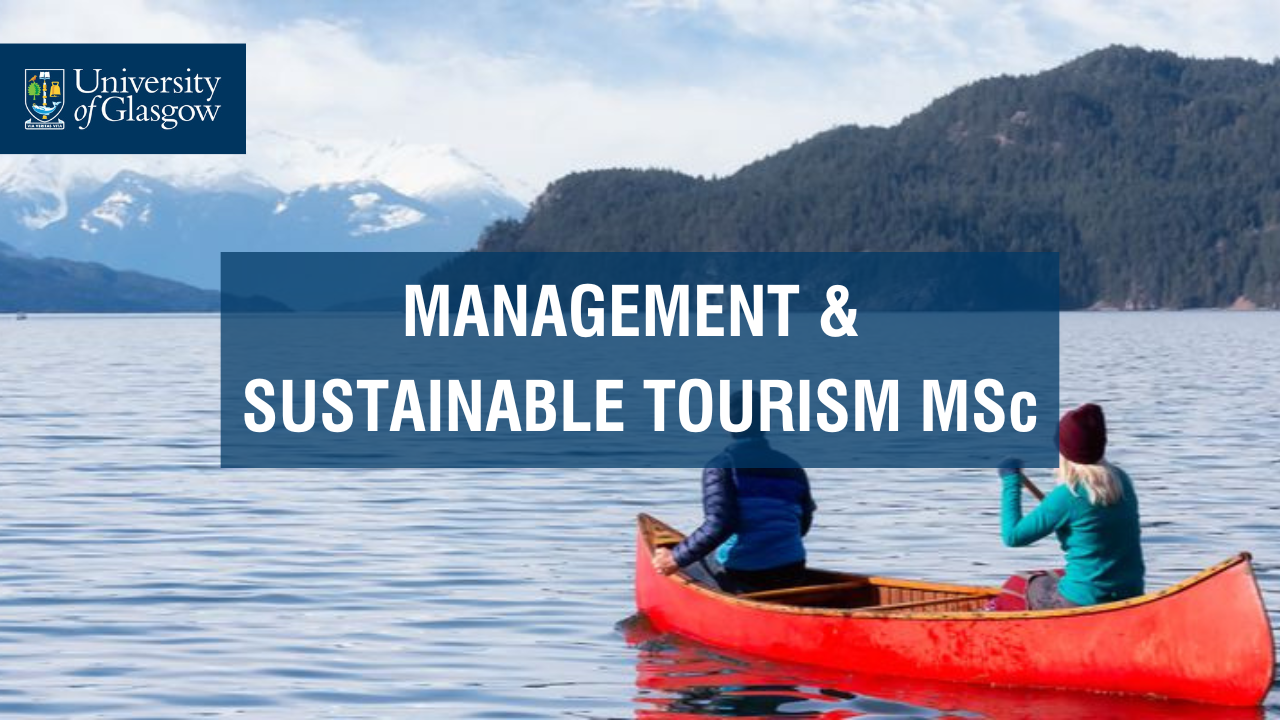 tourists travelling on a boat in the mountains. text reads 'Management & Sustainable Tourism MSc'