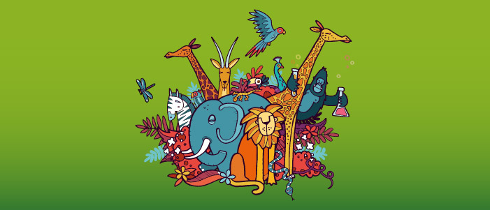 Cartoon image of an array of Zoo animals including lions, elephants and gorillas.