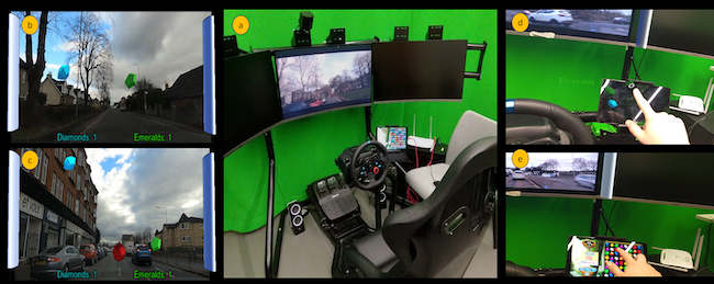 Photographs showing the experimental setup of the study on augmented reality displays for drivers of self-driving cars