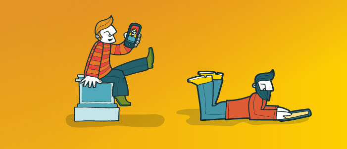 Cartoon image of two people using phones and tablets. 