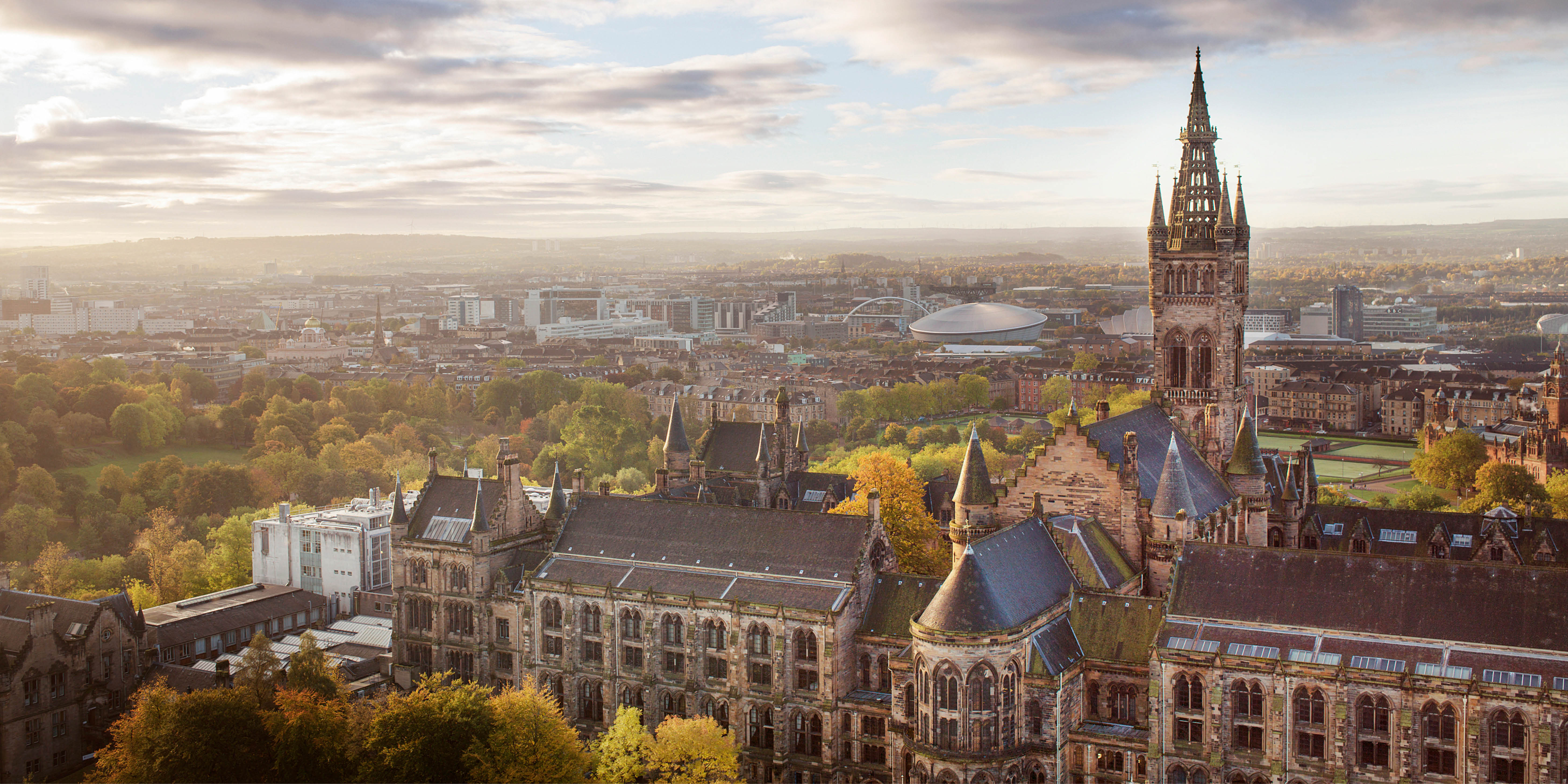 Rooftop view of UofG Gilmorehill campus and city of Glasgow