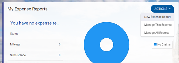 screenshot of adding a expense report, click on actions and then new expense report