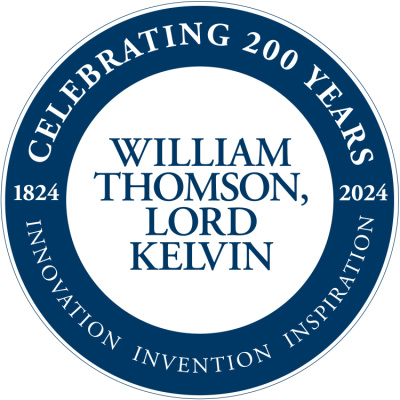 Lord Kelvin anniversary badge featuring the words 'William Thomson, Lord Kelvin' within a blue circle that contains the words Celebrating 200 years / innovation invention inspiration / and the dates 1824 and 2024