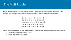 Slide showing a system of equations