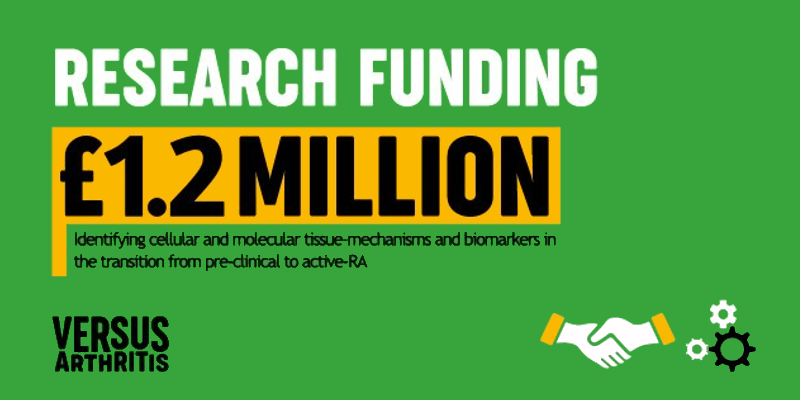 A green graphic with Versus Arthritis logo detailing the funding award of £1.2million