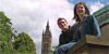 students in front of the university tower