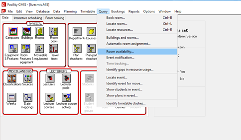 A screenshot from CMIS showing the location of the Room Availability tool.