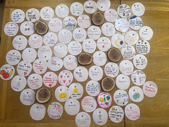 Photo of the doughnut wall in the Byres Community Hub with contributions from the general public about what wellbeing means to them