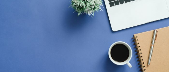 Photo of a blue table with a laptop, coffee, plant and notepad