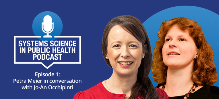 A promotional banner for the System Science In Public Health podcast. Text on the left and two academics on the right.