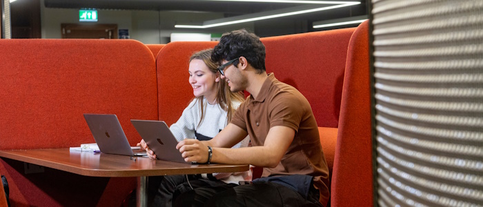 students studying at a desk in the library
