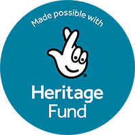 Blue circle with text 'Made possible with Heritage Fund' and smiling crossed fingers cartoon.