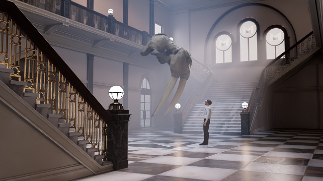 A computer render of a man standing in a virtual reality museum looking at the skull of a giant walrus