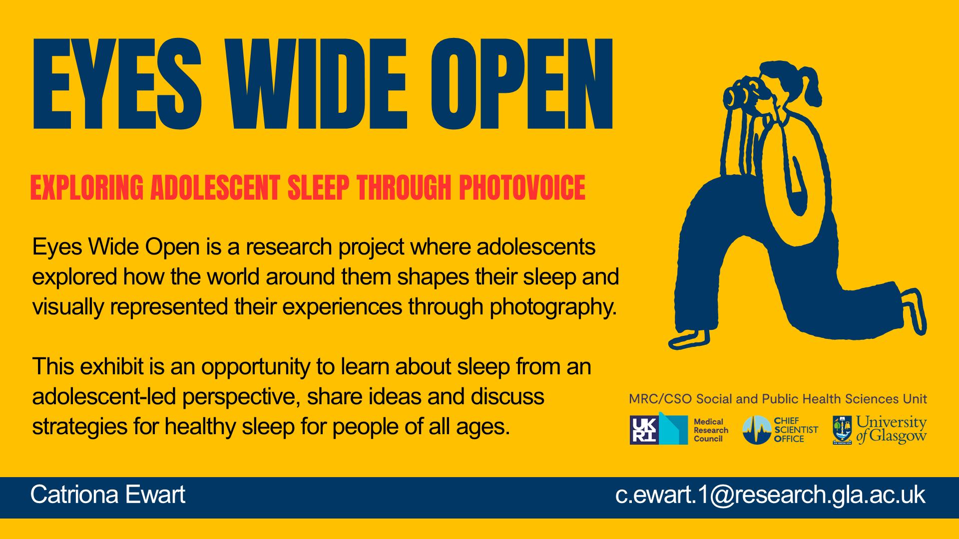 Flyer promoting Eyes Wide Open exhibit - exploring adolescent sleep through Photovoice