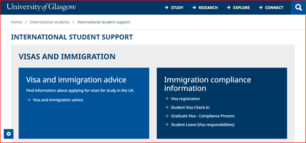 Screenshot of International Student Support webpage highlighting Visas and Immigration