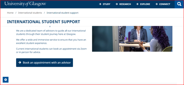 Screenshot of International Student Support appointment booking webpage